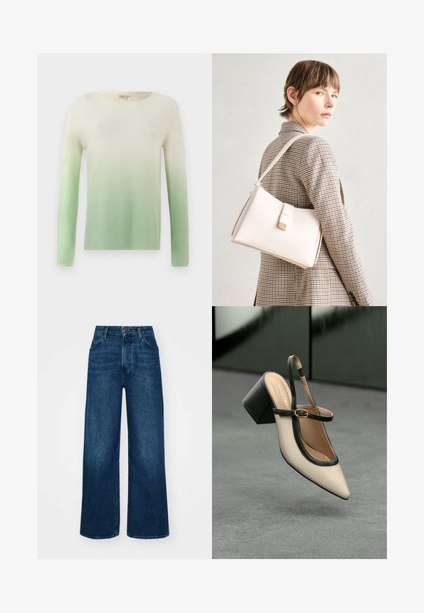 Pleteno pulover s brodskim izrezom i dugim rukavima, prelazi iz kremaste boje na vrhu u svijetlo zelenu na dnu. Glatka tekstura.; Traperice viskog struka i širokih nogavica tamnoplave boje s glatkom teksturom, kontrastnim šavovima i dizajnom s pet džepova. Prednje zakopčavanje na gumb.; Bež cipele s otvorenom petom i šiljastim vrhom, crnim obrubom, zlatnom kopčom i debelim blok-petom na sivom podu s tamnozelenom pozadinom.; Bijela kožna torba s čvrstim dizajnom, s magnetskim kopčanjem i remenom za rame, prikazana na neutralnoj pozadini.