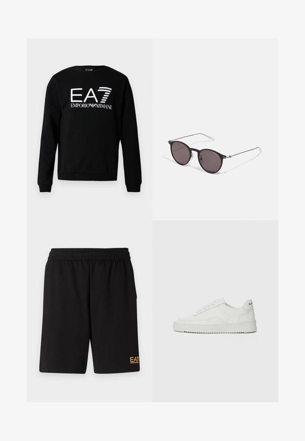 Black sweatshirt made of cotton blend, featuring a white graphic logo "EA7 Emporio Armani" on the front. Crew neckline and ribbed cuffs.; Black athletic shorts made of soft fabric,Featuring an elastic waistband and a small yellow EA7 logo on the lower left leg.; White leather sneaker with a smooth finish, round toe, flat laces, and a textured sole. Features a subtle logo on the heel.; Black round sunglasses with dark lenses and slim metal arms. Includes clear temple tips and silver accents at the hinge. Minimalist design.