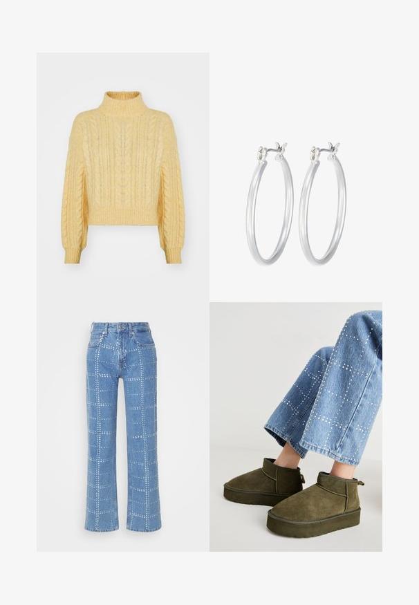 Gelber Strickpullover mit hohem Kragen, verkürztem Design, Kabelstrickmuster und gerippten Bündchen. Weiche Textur und lockere Passform.; Helle blaue Denim-Jeans mit geradem Bein, die ein Gittermuster aus silbernen Nieten und ein klassisches Fünf-Taschen-Design aufweisen.; Olivgrüne Wildleder-Ankle Boots mit einer dicken, strukturierten Sohle und einem Zugriemen. Kombiniert mit hellblauen, verzierten Jeans.; Silberne Creolen mit einer glatten, polierten Oberfläche. Runder Form und sicherem Klickverschluss. Leichtes Design, geeignet für den täglichen Gebrauch.