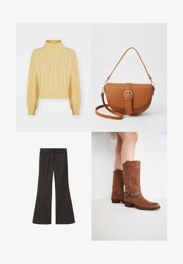 Pulover galben tricotat cu guler înalt, design scurt, model tricotat în cabluri și manșete cu nervuri. Textură moale și siluetă lejeră.; Pantaloni evazați negri, cu talie înaltă; au două buzunare frontale și o textură de stofă netedă. Potriviți pentru diverse ocazii.; Bocanci din piele maro, cu vârf ușor ascuțit, cu catarame decorative și toc scăzut. Textură netedă cu finisaj mat.; Geantă din piele maro, tip crossbody, cu o formă curbată, accesorii aurii și un accent cu cataramă. Dispune de un curea de umăr detașabilă.
