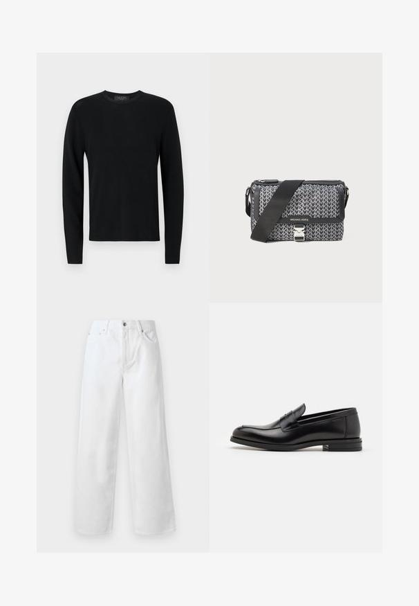 Czarny bawełniany sweter z długim rękawem o ryflowanej fakturze, okrągłym dekolcie i dopasowanych rękawach. Prosty design bez wzorów ani akcentów.; rag & bone - Jeansy baggy; Czarne skórzane mokasyny o gładkiej fakturze, zaokrąglonym nosku i dekoracyjnym pasku na przodzie. Niski, warstwowy obcas, minimalistyczny design.; Czarna i szara torebka na ramię z wzorem geometrycznym, z zamknięciem na zamek błyskawiczny oraz akcentami w srebrnym kolorze. Zawiera regulowany pasek.