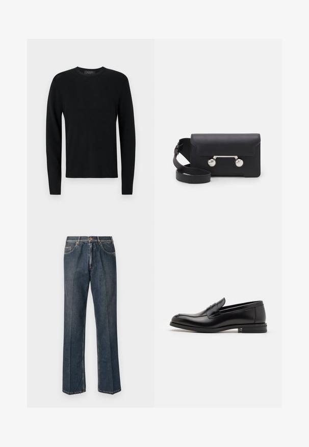 Maglione lungo in cotone nero a maniche lunghe con texture a coste, collo rotondo e maniche aderenti. Design semplice senza pattern o dettagli.; Jeans in denim blu scuro a gamba dritta con bottone frontale, zip, doppie tasche anteriori e pieghe verticali visibili lungo le gambe.; Mocassini neri in pelle con una texture liscia, punta arrotondata e una striscia decorativa sulla tomaia. Tacco basso impilato, design minimalista.; Borsa a tracolla in pelle nera con chiusura a patta, hardware in tonalità argento e due accenti tondi. Dotata di una tracolla removibile. Texture liscia.