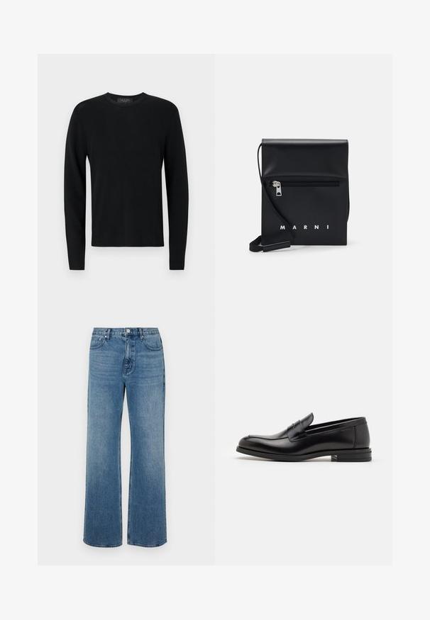 Must mustreptik, musta puuvillane pikkade varrukatega sviiter, ribatav tekstuur, ümar kaelus ja kitsad varrukad. Lihtne disain, ilma mustrite või aksessuaarideta.; Laiad sinised teksad, mis on valmistatud denimist ja millel on kulunud viimistlus. Omab viit taskut, ees nööpidega kinnitust ja sirget lõiget.; Mustad mustad nahast loafers sileda tekstuuriga, ümarat ninaosa ja dekoratiivne riba vampi üle. Madal kihiline konts, minimalistlik disain.; Mustmust nahast õlakott, millel on tõmblukk eesmine tasku, embosseeritud logo ja reguleeritav rihm. Sile tekstuur koos struktureeritud kujuga.
