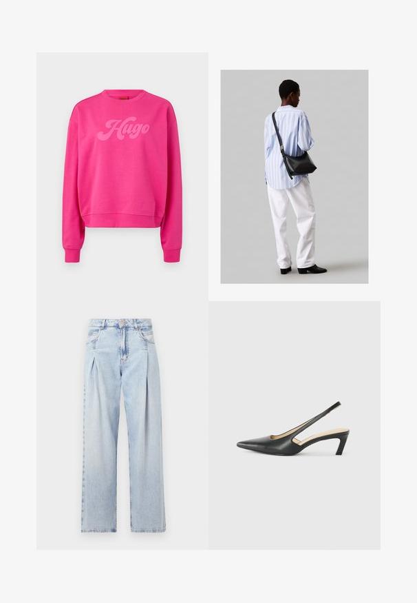 Ροζ φούτερ με στρογγυλή λαιμόκοψη και μακριά μανίκια. Διαθέτει ένα εξέχον, ανάγλυφο λογότυπο "Hugo" σε αντίστοιχο χρώμα. Μαλακή υφή.; Ανοιχτό μπλε τζιν παντελόνι με ψηλή μέση, φαρδιά γραμμή, δύο πλαϊνές τσέπες και σχέδιο με πτυχώσεις. Μαλακή υφή με ξεθωριασμένο φινίρισμα.; Μαύρο παπούτσι slingback με αιχμηρή μύτη και χαμηλό τακούνι, κατασκευασμένο από λείο δέρμα με σχέδιο κοπής στη πλευρά για αερισμό.; Μαύρη δερμάτινη τσάντα ώμου με απαλή υφή, τριγωνικό σχήμα και ρυθμιζόμενο λουρί, συνδυασμένη με ένα ανοιχτό μπλε ριγέ πουκάμισο και λευκό παντελόνι.