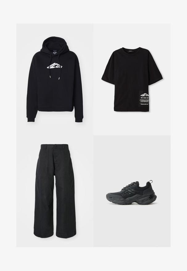 Black cropped hoodie made of soft fabric, featuring a drawstring hood and a white logo on the chest, with ribbed cuffs and hem.; Black oversized t-shirt made of cotton, featuring short sleeves, a round neckline, and a label with white text on a side patch pocket.; Black wide-leg trousers made of canvas material with a button closure, featuring two front pockets and a relaxed fit.; Black athletic shoes with a textured mesh upper, chunky rubber sole, and reflective accents. Features thick lacing and a rear pull tab.