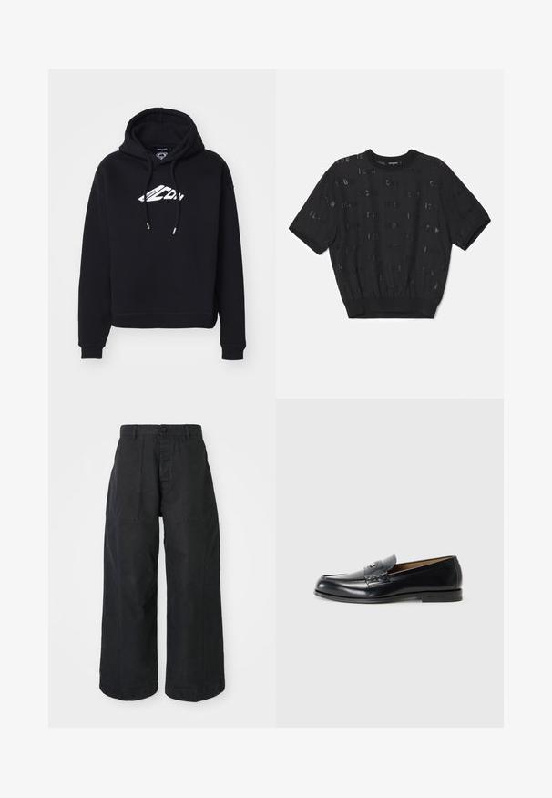 Black cropped hoodie made of soft fabric, featuring a drawstring hood and a white logo on the chest, with ribbed cuffs and hem.; Black short-sleeve sweater with textured fabric, featuring a ribbed hem and scattered sequined letters throughout the body.; Black wide-leg trousers made of canvas material with a button closure, featuring two front pockets and a relaxed fit.; Leather loafers in black with a smooth finish, rounded toe, decorative stitching, and a small metal accent on the front.
