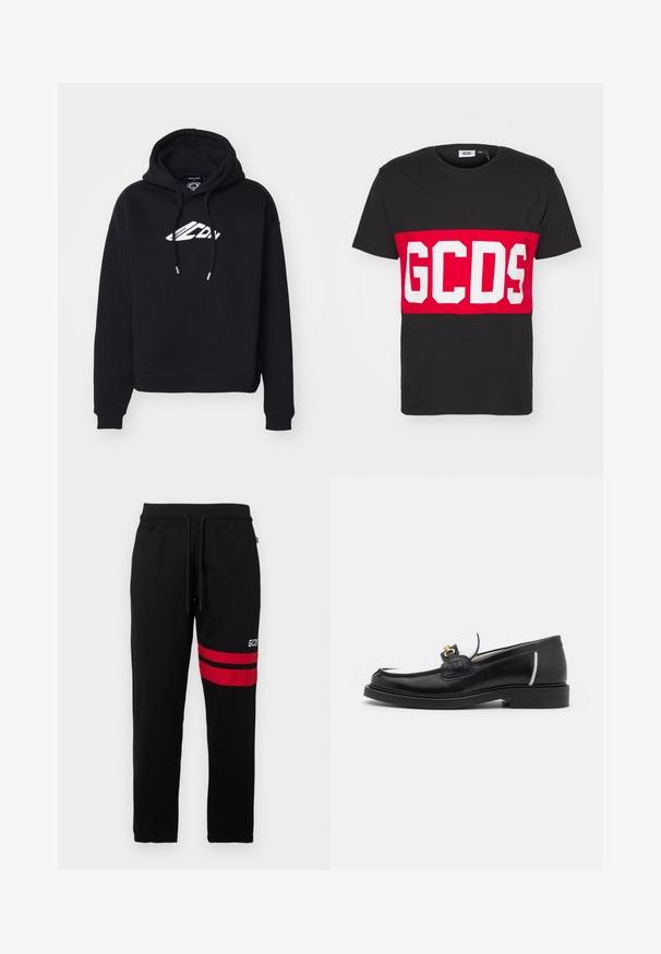 Μαύρο κοντό φούτερ από μαλακό ύφασμα, με κουκούλα και κορδόνι, και λευκό λογότυπο στο στήθος, με πλεκτές μανσέτες και στρίφωμα.; GCDS BAND LOGO REGULAR - Μπλουζάκι με στάμπα - black; Μαύρες φόρμες με αντίθετες κόκκινες ρίγες και λογότυπο στο πλάι. Περιλαμβάνουν ελαστική μέση με κορδόνι και συρρικνωμένα μπατζάκια.; Μαύρη δερμάτινη λοφάρε με στρογγυλή μύτη, λευκές λεπτομέρειες και χρυσά αξεσουάρ στη μέση. Διαθέτει υφασμάτινη επένδυση και ψηλό τακούνι.