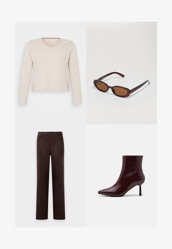 Tommy Hilfiger Curve SWEATER - Maglione - classic beige heather; Pantaloni in suede marrone scuro a gamba dritta con chiusura anteriore a bottone e zip, passanti per cintura e tasche laterali.; Stivale alla caviglia in pelle laccata bordeaux con punta affusolata e tacco stiletto sottile, caratterizzato da una texture liscia e lucida e da un design minimalista.; Occhiali da sole rotondi con tonalità marrone, montatura lucida color bordeaux. Aste sottili con un sottile dettaglio del marchio. Design delle lenti piatte.; Borsa intrecciata color bordeaux con forma arrotondata e manico singolo, dotata di una superficie testurizzata e chiusura a coulisse elastica.
