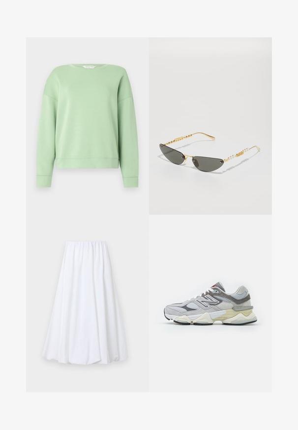 Világoszöld pulóver, puha anyagból készült, kerek nyakkivágással, hosszú ujjakkal és laza szabással. Egyszerű dizájn, minta vagy díszítések nélkül.; Fehér, bokáig érő szoknya, elastikus derekkal, könnyű anyagból, sima textúrával és lebegő sziluettel.; Szürke velúr és hálós sneaker vastag fehér és bézs talppal, kiemelkedő fehér logóval és piros részletekkel.; Arany keretes napszemüveg sötétszürke lencsékkel. Egyedi macskaszem forma. A szárakon váltakozó arany gyöngyök és gyöngy díszek találhatók.