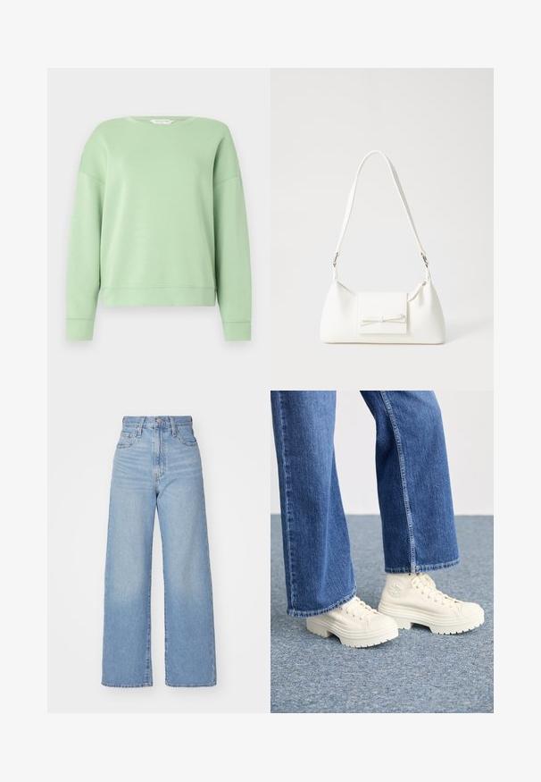 Gaiši zaļš džemperis, kas izgatavots no mīksta auduma, ar apaļu kakla izgriezumu, garām piedurknēm un brīvu piegriezumu. Vienkāršs dizains bez rakstiem vai rotājumiem.; Gaiši zili augstās jostas vidukļa platās bikses ar priekšējo pogu un rāvējslēdzēju, priekšējām un aizmugurējām kabatām uz baltā fona.; Baltas augstpapēžu tenisa apavi ar bieziem, rievotajiem zolemiem un apaļu logo detaļu, valkāti ar gaiši ziliem, platām kājām džinsiem.; Balta sintētiska soma ar trīsstūrveida formu, plakanu priekšējo vāciņu un loku detaļu, regulējamu siksnu, gludu tekstūru un minimālistisku dizainu.