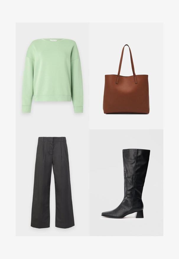 Felpa verde chiaro realizzata in tessuto morbido, con collo rotondo, maniche lunghe e vestibilità comoda. Design semplice senza motivi o decorazioni.; Pantaloni a gamba larga in tessuto nero, caratterizzati da una vita alta, pieghe frontali e tasche sottili. Texture liscia con una finitura pulita.; Stivale in pelle nero a metà polpaccio con punta affusolata e tacco quadrato su sfondo chiaro uniforme.; Borsa tote in pelle marrone con texture liscia, design con apertura superiore e due spallacci. Presenta cuciture minime e nessun hardware visibile.