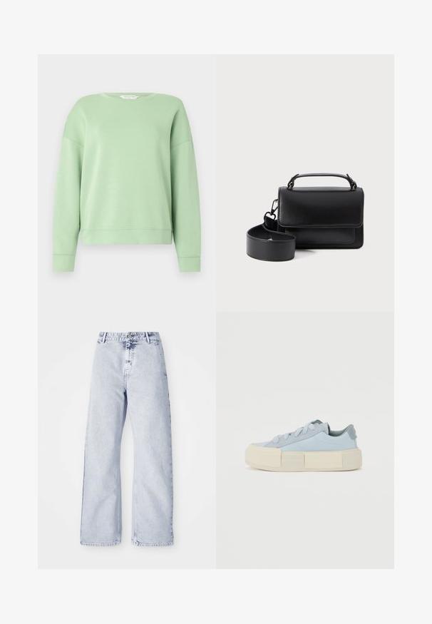 Svetlozelená mikina vyrobená z mäkkej tkaniny, s okrúhlym výstrihom, dlhými rukávmi a voľným strihom. Jednoduchý dizajn bez vzorov alebo ozdobných prvkov.; Svetlomodré denimové nohavice so širokými nohavicami a vysokým pásom, s gombíkovým zapínaním a dizajnom piatich vreciek. Mäkká textúra a viditeľné stehenné detaily.; Svetlomodré plátené tenisky s hrubou krémovou gumovou podrážkou, s okrúhlymi šnúrkami a hladkým textúrovaným dizajnom so malými akcentmi.; Čierna kožená kabelka s horným uchom a odnímateľným popruhom, s obdĺžnikovým tvarom a minimalistickým dizajnom, bez viditeľných hardvérových detailov.