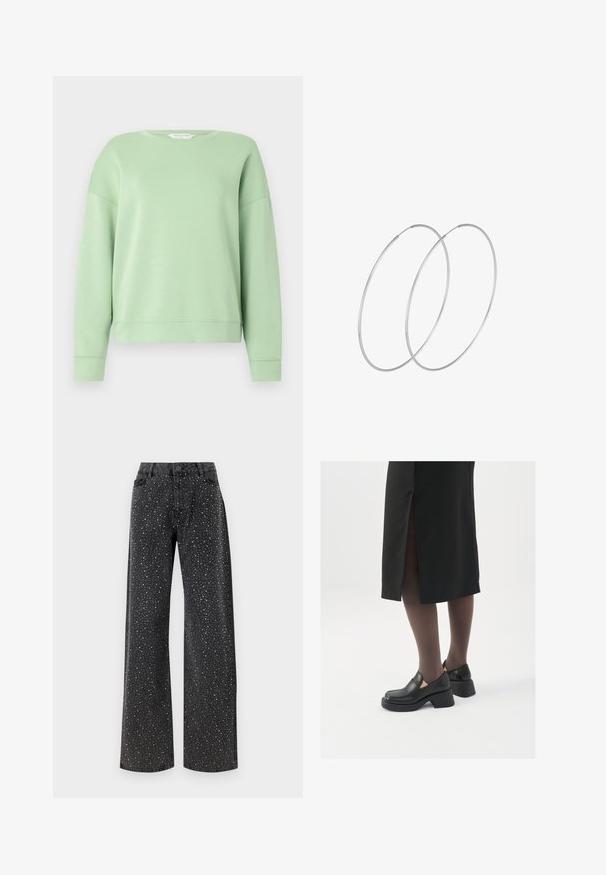 Light green sweatshirt made of soft fabric, featuring a crew neck, long sleeves, and a relaxed fit. Simple design with no patterns or embellishments.; Noisy May NMJANNEL LOOSE - Relaxed fit jeans - black denim; Black leather shoes with a rounded toe, thick block heel, and elastic side accents, paired with dark tights and a black skirt with a slit.; Silver hoop earrings with a minimalist design. Circular shape, smooth texture, and thin profile. Lightweight with a polished finish.