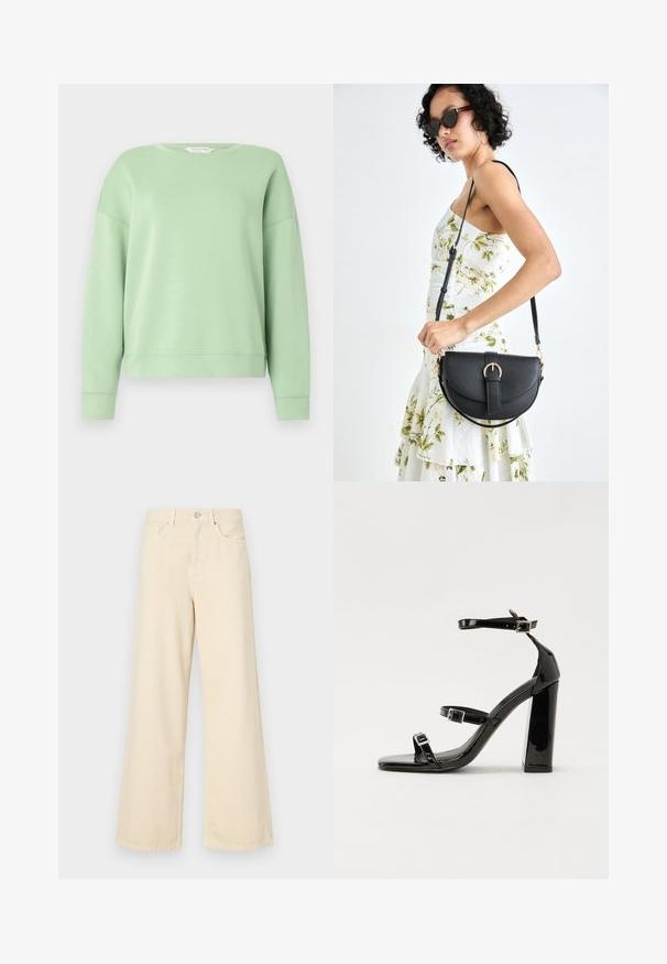 Sweatshirt vert clair en tissu doux, avec un col rond, des manches longues et une coupe décontractée. Design simple sans motifs ni embellissements.; Jean large beige en coton. Doté d'une fermeture à bouton, de passants de ceinture et de poches avant avec une texture douce et lisse.; Sandales à talons vernies noires avec un bout carré, des sangles autour de la cheville et des boucles en argent. Dotées d'un talon bloc épais pour plus de stabilité.; Sac à main en cuir noir avec une forme courbée, bandoulière amovible et des accessoires en or. Le sac est doté d'un rabat avec un détail de boucle.