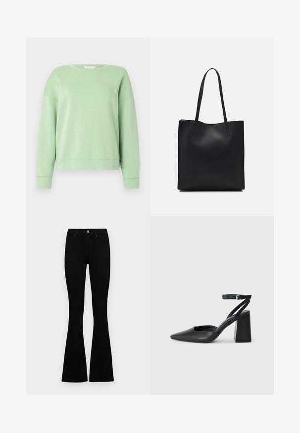 Sweatshirt verde claro feito de um tecido suave, com gola redonda, mangas longas e um corte descontraído. Design simples, sem padrões ou enfeites.; Jeans pretos de cintura alta com fecho de botão e zíper, bolsos frontais e pernas largas dispostos em cima de um fundo branco.; Sandal com biqueira afilada em couro preto, com cinta no tornozelo e salto grosso. Textura lisa, design elegante e estética minimalista.; Bolsa tote preta em couro com textura lisa, forma retangular e duas alças longas. Sem hardware ou enfeites visíveis.
