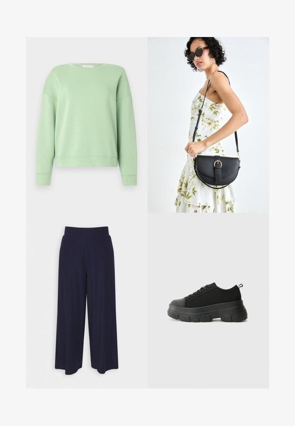 Jasnozielony sweatshirt wykonany z miękkiego materiału, z okrągłym dekoltem, długimi rękawami i luźnym krojem. Prosty design bez wzorów czy ozdób.; Spodnie o szerokich nogawkach w ciemnonawiwowym materiale z rdzeniowym wzorem. Posiadają gładki pas i luźny krój, sięgający do połowy łydki.; Czarne sneakersy z masywną gumową podeszwą, teksturowaną górną częścią, okrągłym noskiem i sznurowanym zapięciem. Posiadają wzmocnione oczka i pętelkę z tyłu.; Czarna skórzana torebka o zakrzywionym kształcie, z odpinanym paskiem i złotymi akcentami. Torebka posiada klapę z zapięciem w kształcie klamry.