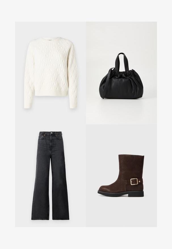 Bela pletena srajca z strukturovani diamantnim vzorcem, okroglim izrezom in rebrastimi manšetami ter obrobo. Mehka tkanina z udobnim videzom.; Črne flare kavbojke z visokim pasom, ki vključujejo kovinsko zaponko, sprednje žepi in subtilno zbledelost na tkanini.; Rjavi semiš gležnjača s zaobljenim nosom, ravnim črnim podplatom in zlatim zaponko na strani. Gladka tekstura in preprost dizajn.; Črna usnjena torbica z zloženim zgornjim dizajnom, opremljena z dvema kratkima ročkama in dolgo nastavljivo naramnico. Gladka tekstura, okrogla oblika.