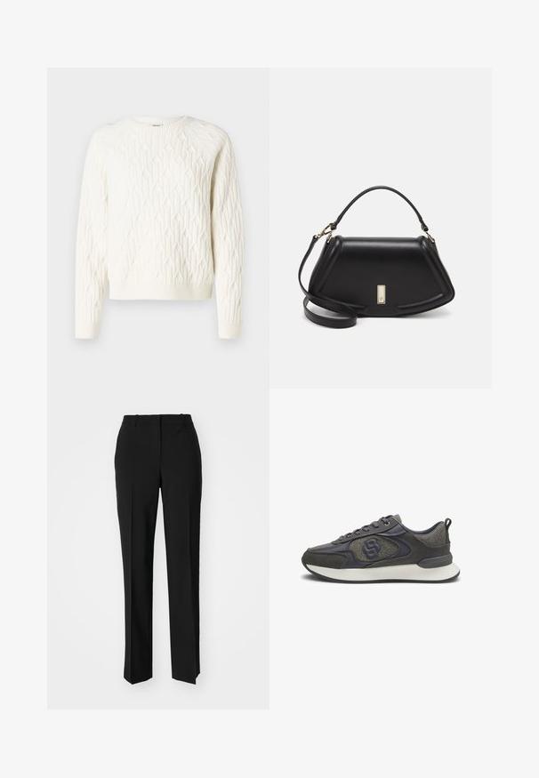 White knitted sweater with a textured diamond pattern, round neckline, and ribbed cuffs and hem. Soft fabric with a cozy appearance.; Black tailored trousers with a straight-leg design, featuring a smooth texture and crisp creases along the front. No visible hardware.; Gray and black low-top sneaker with textured fabric, leather details, lace-up front, cushioned white sole, and pull tab at heel.; Black leather handbag with a structured design, featuring a cropped shape, top handle, and gold hardware accent. Adjustable shoulder strap included.