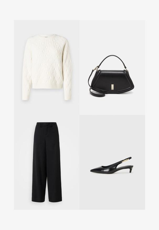 White knitted sweater with a textured diamond pattern, round neckline, and ribbed cuffs and hem. Soft fabric with a cozy appearance.; Black wide-leg trousers made of smooth fabric, featuring a flat-front design, pleated details, and belt loops at the waistband.; Black leather slingback heels with a pointed toe, featuring a slim heel and a gold-tone accent on the adjustable strap. Smooth texture.; Black leather handbag with a structured design, featuring a cropped shape, top handle, and gold hardware accent. Adjustable shoulder strap included.
