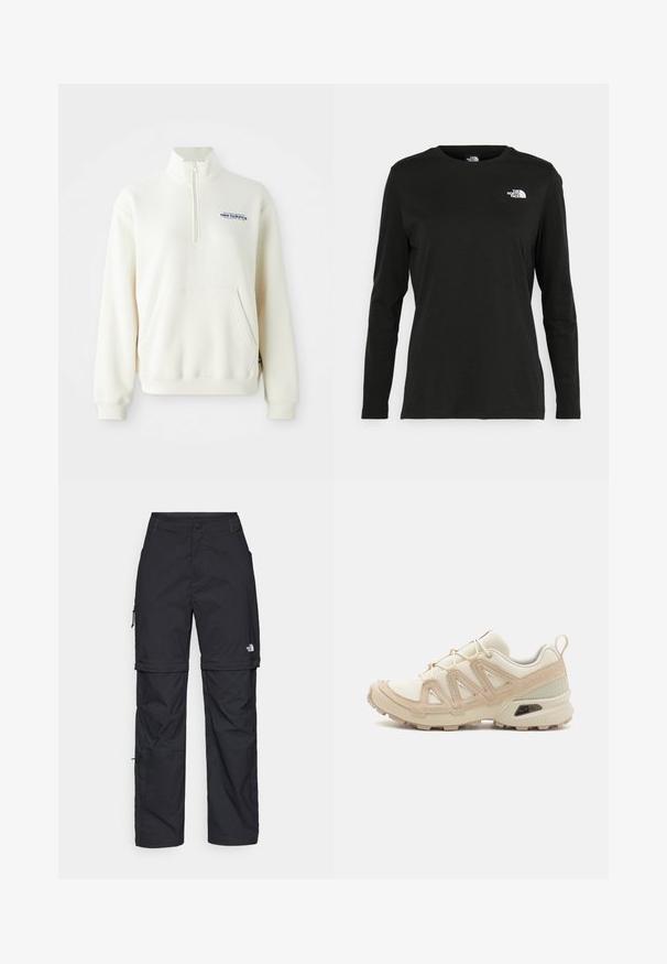 Kremna zip-vedra puhovka z sprednjim žepom, rebrastimi manšeti in modrim logotipom "new balance" na prsih. Mehka tekstura.; Črna majica z dolgimi rokavi iz bombaža z okroglo izrezom. Ima majhen bel logotip na levem prsnem delu. Enostaven dizajn in prileganje.; Črne najlon hlače z zipom, ki se lahko odstranijo, s prilagodljivimi manšetami, več žepi in logotipom na desni nogi. Gladka, lahka tekstura.; Bež in krem športni čevlji z teksturiranim mrežastim zgornjim delom, podpornimi prekrivali in gumijastim podplatom z vzorcem za oprijem.