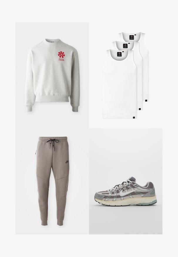 Svetle šedá mikina s žebrovanými manžetami a lemem. Na levé části hrudi je červené grafické logo. Vyrobena z jemné látky.; Tři bílé žebrované tílka vyrobené z bavlny. Mají kulatý výstřih a malé černé štítky poblíž lemu. Dostupné v několika velikostech.; Šedé Nike tepláky s elastickým pasem na šňůrku, zúženými nohavicemi, bočními kapsami a charakteristickým švem. Měkká, strukturovaná tkanina.; Šedá sportovní obuv s vrchní částí z mikrovlákna a semiše, bílými akcenty, polstrovanou podrážkou a jedinečným designem s reflexními prvky.
