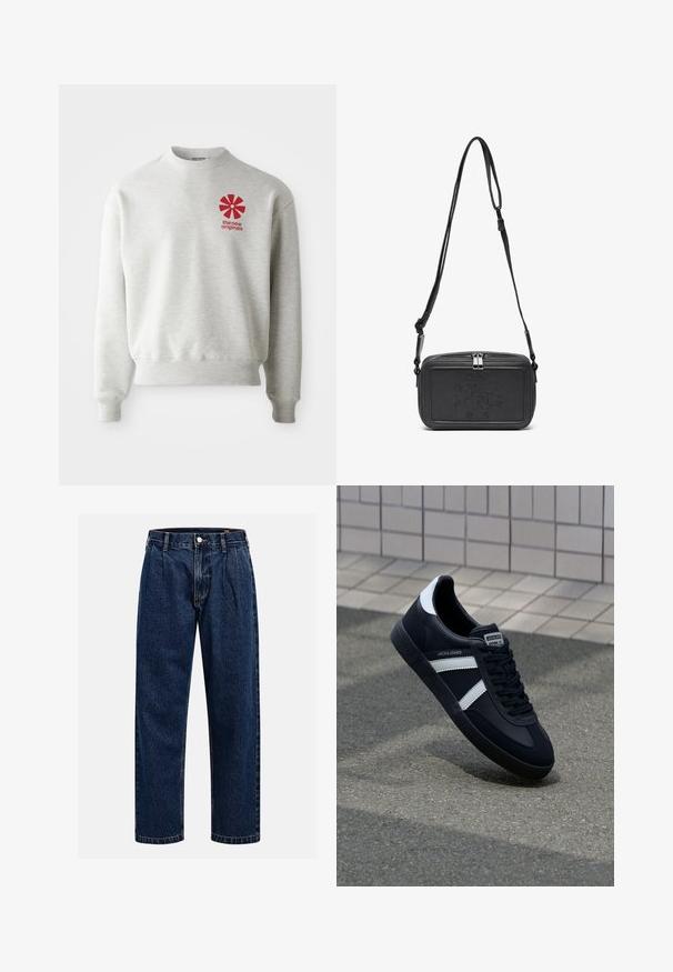 Lys grå hettegenser med ribbestrikkede mansjetter og nederkant. Har en rød grafisk logo på venstre brystområde. Laget av myk stoff.; Mørkeblå denimjeans med rett ben-design. Har synlige sømmer, knappestengning og frontfolder for ekstra detaljer.; Sorte lærersneaker med hvite striper, teksturert gummihæl og snøring foran. Har et merketikett på tungen.; Svart skinn crossover-veske med glidelås, preget logo på fronten og justerbar stropp. Glatt tekstur med rektangulær form.