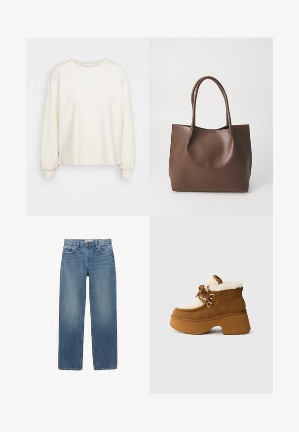 Krem dukserica od teksturiranog materijala, s dugim rukavima, okruglim izrezom i rebrastim manžetama, uz opušteni kroj.; Svijetloplave traperice ravnog kroja, s pet džepova i hardverom u boji bakra. Tkanina ima blago izblijedjelu boju i glatku teksturu.; Smeđi nubuk čizmi do gležnja s mekanim bijelim podstavom, okruglim vrhom i debelim platformom s teksturiranim, rebrastim uzorkom. Sadrže ukrasne vezice.; Smeđa kožna torba s dugim ručkama, strukturiranog oblika, glatke teksture i minimalističkog dizajna. Nema vidljivih metalnih dijelova ili ukrasa.