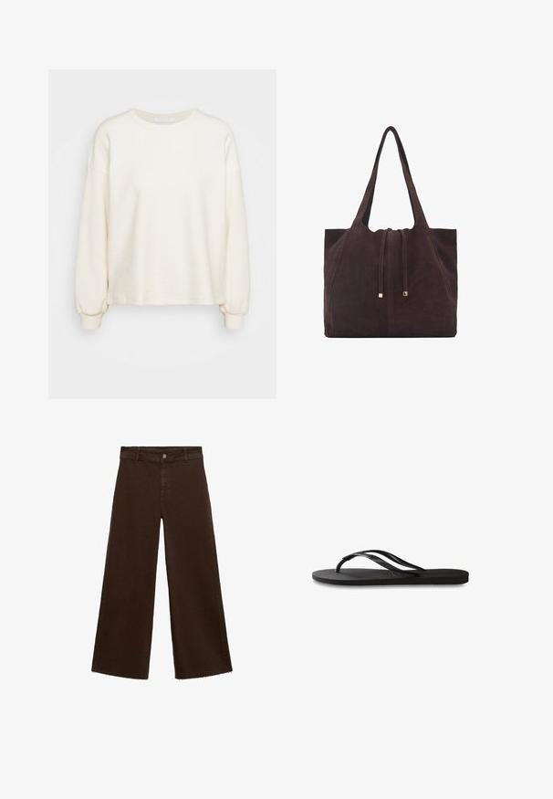 Krémová mikina vyrobená z textúrovanej tkaniny, s dlhými rukávmi, okrúhlym výstrihom a rebrovanými manžetami, s voľným strihom.; Hnedé široké nohavice z bavlnenej zmesi, s roztrhnutým lemom, predným zapínaním na gombík a klasickým dizajnom s piatimi vreckami. Minimalistické a všestranné.; Čierne žabky s textúrovanou gumovou podrážkou, dvoma štíhlymi popruhmi a diskrétnym embosovaným logom na popruhu.; Mango Veľká kabelka - dark brown