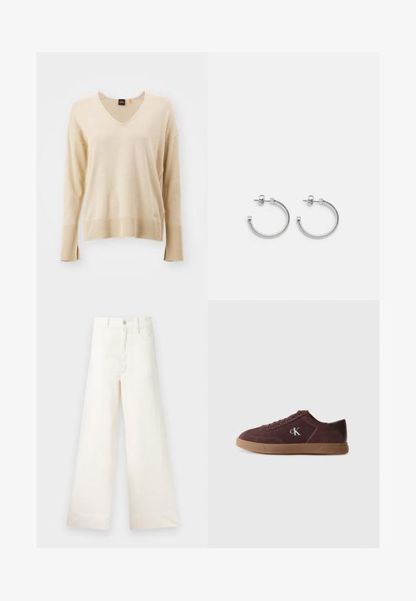 Maglione leggero beige a maglia con scollo a V, maniche lunghe, orlo a coste e spacchi laterali. Presenta un logo discreto sul lato sinistro inferiore.; Pantaloni a gamba larga in cotone beige chiaro. Caratterizzati da vita alta, tasche anteriori e un taglio dritto. Orlo pulito senza motivi.; Calvin Klein Sneakers basse - bordeaux; Orecchini a cerchio in argento con un design a corda testurizzata, dotati di chiusura in hardware quadrato piatto, per un aspetto minimalista e moderno.