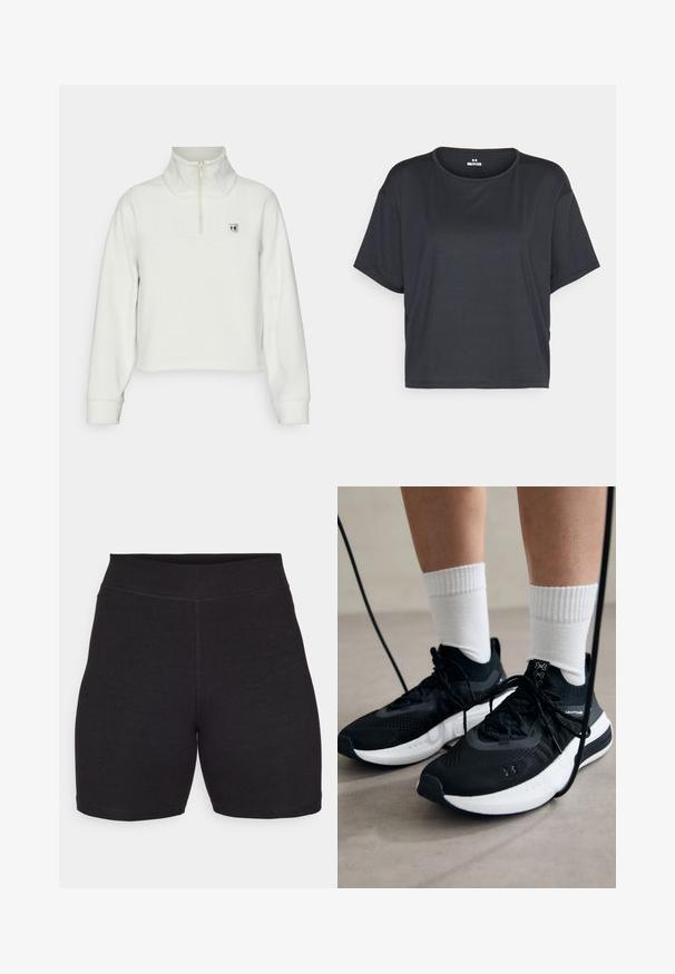 Under Armour Expanse Fleece - Felpa in pile - summit white; T-shirt cropped nera a maniche corte, con scollo rotondo e texture del tessuto morbida e liscia. Nessun motivo visibile o hardware.; Pantaloni ciclistici neri a vita alta, realizzati in un tessuto elasticizzato e morbido. Presentano cuciture piatte e una superficie liscia per il massimo comfort.; Scarpe sportive nere con tessuto testurizzato, suola bianca e lacci neri. Indossate con calzini bianchi a costine, in piedi su una superficie chiara.