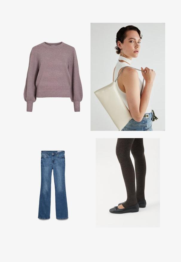 Pulôver de malha em roxo suave, com gola redonda, mangas longas em balão, e bainha e punhos canelados para um acabamento texturizado.; Jeans em denim azul, com corte flare e cintura média, dois bolsos frontais e cintura costurada. Textura suave e design tradicional de cinco bolsos.; Sapatos planos pretos com um pequeno laço na ponta, emparelhados com meias-calças caneladas castanhas escuras. Os sapatos têm uma textura suave e um design discretamente baixo.; Bolsa de mão retangular branca, feita de material brilhante, com uma alça em corrente prateada. Modelo posa, exibindo a bolsa contra um fundo simples.