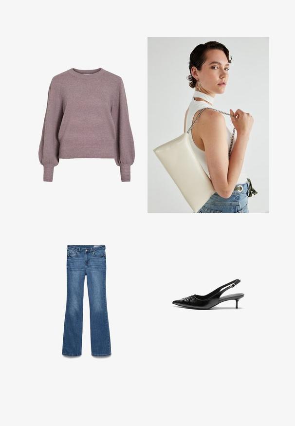 Pehmeast lillast lõngast kootud sviiter, millel on ümmargune kaelus, pikad ballonvarrukad ning soonik serv ja mansetid, et saavutada tekstuuriline viimistlus.; Sinine denimist flared teksapüksid keskmise tõusu vöökohtadega, kahe esipocketiga ja õmmeldud vööga. Pehme tekstuur ja traditsiooniline viie-tasku disain.; Musthave nahkased kõrged kontsad, millel on terav varvas, väike kitten-kont ja dekoratiivne sõlm ees. Ühtlane sile tekstuur.; Valge ristkülikuline kotti, mis on valmistatud läikivast materjalist, hõbedase ahelsangaga. Mudel poseerib, tutvustades kotti ühtlase taustaga.