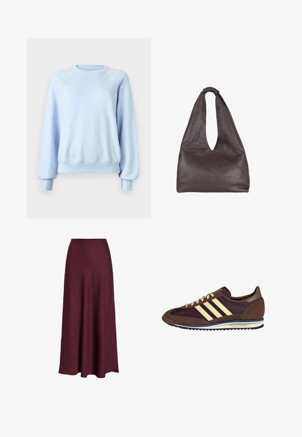 Light blue long-sleeve crewneck sweatshirt with ribbed cuffs and hem, displayed on a plain white background.; Burgundy satin maxi skirt with a smooth texture, high waist, and a flowing silhouette that flares out gently towards the hemline.; Brown and burgundy sneaker with suede and mesh materials, featuring three cream stripes, textured fabric on the tongue, and a rubber sole.; Brown leather bag with a slouchy, oversized design. Features a loop handle and a deep V-cut opening for easy access. Soft texture, minimalist style.