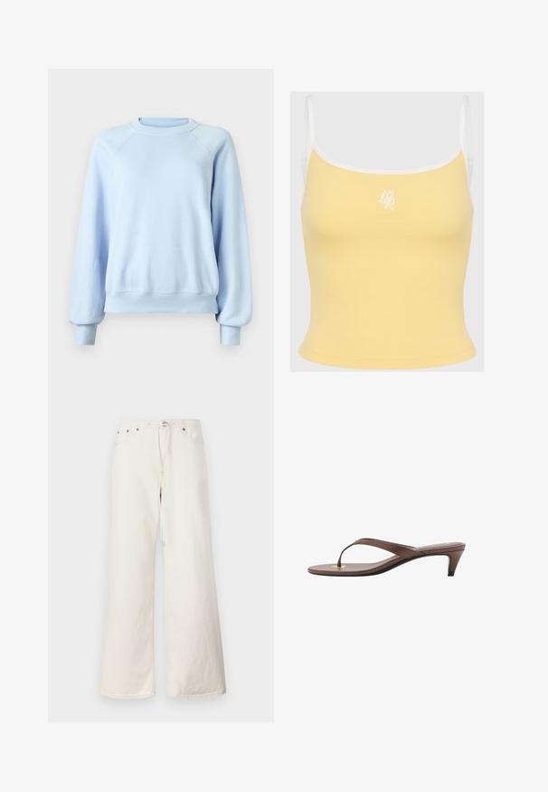 Helles blaues langärmliges Crewneck-Sweatshirt mit gerippten Bündchen und Saum, auf einem schlichten weißen Hintergrund präsentiert.; Gelbes, geripptes Tanktop mit weißem Saum und verstellbaren Trägern, mit dezent gesticktem Logo in der Mitte vorne. Weiche Stofftextur.; Weiße, weit geschnittene Denim-Hosen mit elastischem Zugband in der Taille, Fronttaschen und dezenten Nähten. Hergestellt aus strapazierfähigem Baumwollmaterial.; Braune, mit Absatz versehene Flip-Flop-Sandale mit einem schmalen Riemen und abgerundetem Zehensteg, der ein kleines goldfarbenes Akzent auf dem Fußbett aufweist.