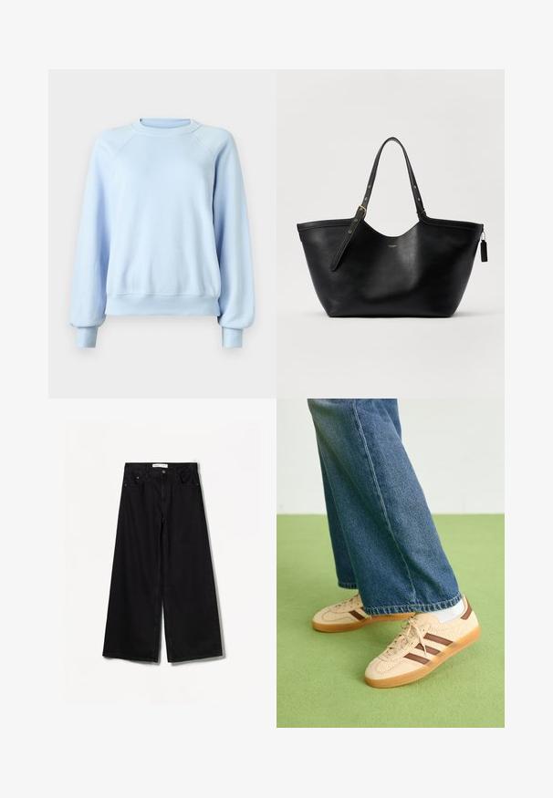 Világoskék, hosszú ujjú, kereknyakú pulóver, bordázott mandzsettákkal és szegéllyel, sima fehér háttéren bemutatva.; Bershka WIDE-LEG - Széles szárú - black; Beige sportcipők textúrált krém színű panelek és barna csíkok részletezésével, kék farmernadrággal párosítva. A farmer széles szárú és rojtos szegéllyel rendelkezik.; Fekete bőr tote táska, amely strukturált formájú, két fogantyúval és aranyszínű kiegészítőkkel. Simaságot adó textúrával rendelkezik, és egy dekoratív címke díszíti.