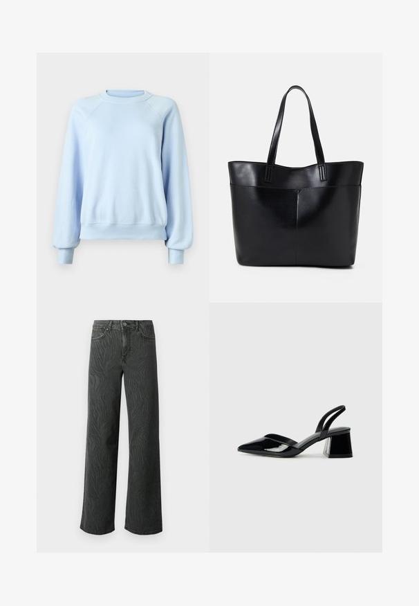 Light blue long-sleeve crewneck sweatshirt with ribbed cuffs and hem, displayed on a plain white background.; Wide-leg jeans in dark gray denim, featuring a subtle zebra-pattern texture, contrast stitching, and five-pocket design with a button fly.; Black patent leather slingback heels with a pointed toe and a geometric block heel. Features a sleek, minimal design and smooth texture.; Black leather tote bag with two long handles, a smooth texture, and a structured shape. Features a front pocket for additional storage.