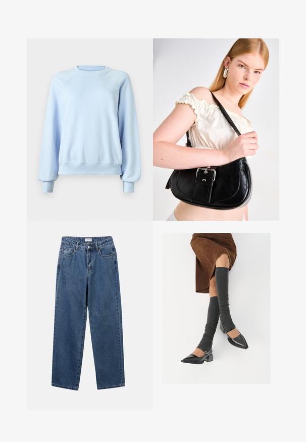 Lichtblauwe longsleeve sweater met ronde hals, voorzien van geribde manchetten en zoom, weergegeven op een effen witte achtergrond.; Klassieke blauwe denim jeans met een rechte pijp, vijf zakken en een knoopsluiting. Heeft een middelgrote wasbeurt en stevige textuur.; Zwarte gepatineerde leren pumps met een puntige neus, een blokhak en een enkelbandje, gecombineerd met grijze geribde beenwarmers en een bruine suède rok.; Zwarte leren schoudertas met een gebogen vorm, gepolijste zilveren hardware en een afneembare label. Gladde textuur met subtiele stikdetails.