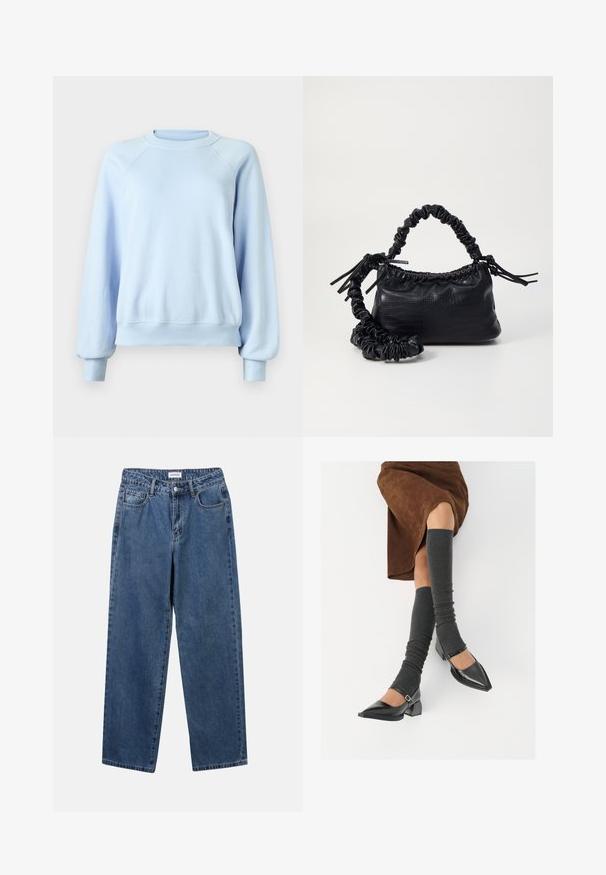 Lyseblå langermet crewneck hettegenser med ribbede mansjetter og hem, vist på en enkel hvit bakgrunn.; Klassiske blå denimjeans med rett ben-design, fem lommer og knappelukking. Har en middels vask og solid tekstur.; Sorte lakkpumps med spiss tå, blokkhel, og ankelstropp, kombinert med grå ribbestrikkede beinvarmere og et brunt semsket skinn skjørt.; Svart faux skinn-håndveske med krokodilletekstur, strammet topp og en rynket stropp. Ser myk og kompakt ut i designen.