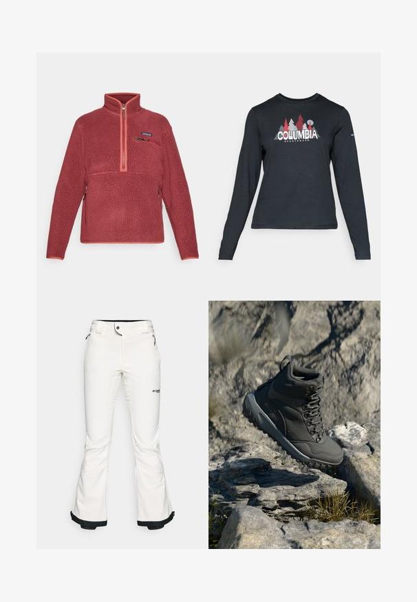 Pullover in pile rosso con mezza zip, tasca con zip sul petto e logo Patagonia sul lato sinistro del petto.; Maglietta a maniche lunghe grigia scura con una grafica di alberi rossi e montagne; logo "COLUMBIA" in caratteri bianchi in grassetto. Tessuto morbido, scollatura a girocollo standard.; Pantaloni da sci bianchi realizzati in materiale morbido e flessibile. Presentano una vita aderente, gambe ampie e svasate, con rifiniture nere ai polsini. Logo del marchio visibile.; Stivale da trekking grigio scuro realizzato in materiale sintetico, con colletto imbottito, occhielli in metallo e suola in gomma testurizzata per una migliore aderenza.
