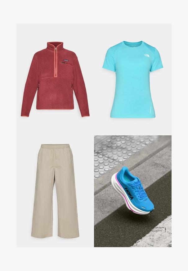 Punane fliispullover kvart-zipiga, tõmblukuga rindade tasku ja Patagonia logo vasakul rinnal.; Heledad sinistee lihav särk, mis on valmistatud pehmest kangast, ringja kaelusega ja väike valge logo vasakul ülal.; Laiad püksid hebedas beežis kangas, elastse vöökohtaga, sileda tekstuuriga ning ilma nähtavate metalldetailide või mustriteta.; Sinine jooksujalats, millel on võrkmaterjalist ülemine osa, valge vahetald ja roosa aktsent; sisaldab tekstuuriga mustrit, logo külgedel ja ümmargune varbahaigus.