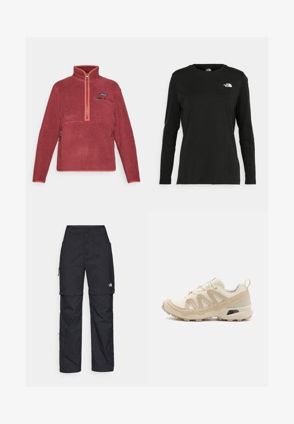 Pullover in pile rosso con mezza zip, tasca con zip sul petto e logo Patagonia sul lato sinistro del petto.; T-shirt nera a maniche lunghe in cotone con colletto rotondo. Presenta un piccolo logo bianco sul lato sinistro del petto. Design semplice e vestibilità comoda.; Pantaloni cargo in nylon nero con zip rimovibile, polsini regolabili, molteplici tasche e un logo sulla gamba destra. Tessuto liscio e leggero.; Scarpa atletica beige e crema con tomaia in mesh testurizzato, sovrapposizioni supportive e suola in gomma con un motivo a tasselli per la trazione.