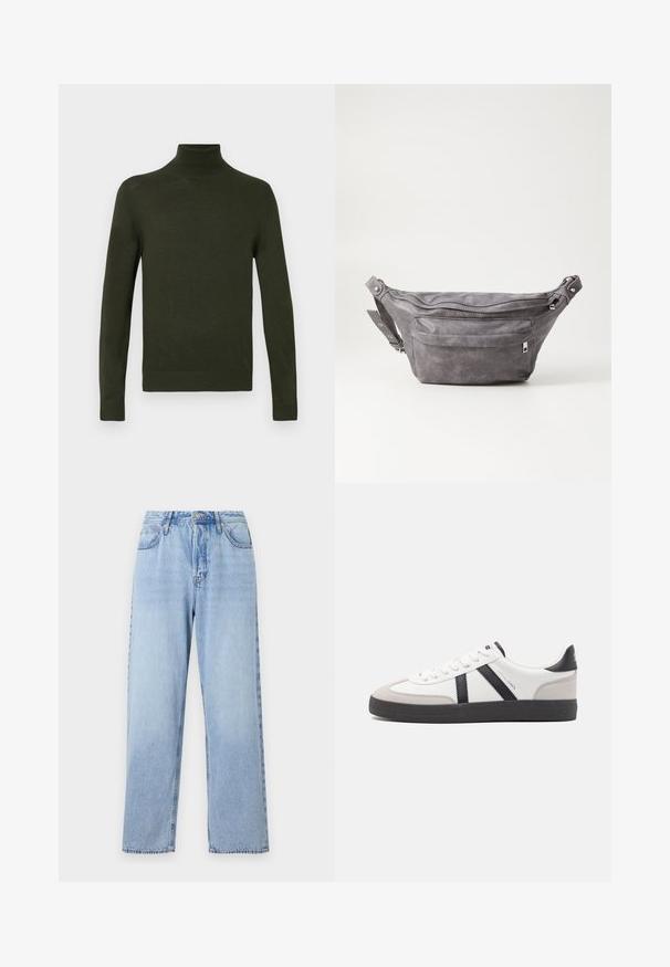 Grüner Rollkragenpullover aus weichem Stoff mit langen Ärmeln, gerippten Bündchen und Saum, der eine figurbetonte Silhouette und eine glatte Textur aufweist.; Helle blaue Jeans im geraden Schnitt, hohe Taille, fünf Taschen und Knopfverschluss. Mit ausgewaschenem Look und Kontraststeppnaht.; Weiße Sneaker mit schwarz- und grau-aczenten, ausgestattet mit einer strukturierten grauen Zehenkappe, schwarzer Gummi-Sohle und flachen weißen Schnürsenkeln. Sauberes Design, minimalistische Stil.; Graue Wildleder-Gürteltasche mit runder Form, zwei mit Reißverschluss verschlossenen Fächern und verstellbarem Trageriemen. Mit metallischen Hardware-Akzenten.