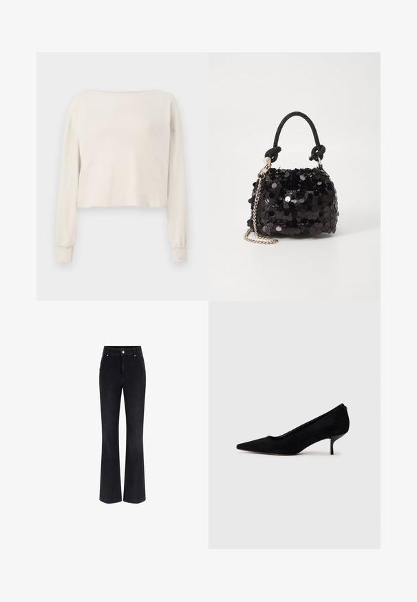 Dlouhý rukáv, krémový zkrácený svetr s širokým výstřihem a žebrovanými manžetami na bílém pozadí.; Černé džínové kalhoty s rozšířenými nohavicemi, vysokým pasem, pěticí kapsami a kovovými knoflíky po stranách. Hladká textura a klasický střih.; Černá semišová dámská vysoká bota s špičatou špičkou a štíhlým, nízkým podpatkem. Hladký povrch s elegantním designem, bez viditelného kování.; Černá mini kabelka s flitry, s uzlovým texturovaným popruhem a stříbrným řetízkem. Zaoblený tvar s nařaseným vrchem a reflexními detaily.
