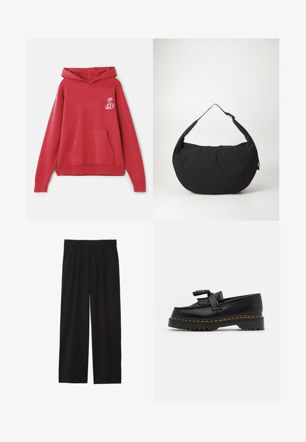 Sarkans kapuce krekls, izgatavots no mīksta auduma, ar priekšējo kabatu un dekoratīvu rozā čūskas izšuvumu kreisajā krūšu daļā.; Melni platbagāžnieki ar plecu priekšpusi, sānu kabatām un gludu auduma tekstūru. Izstrādāti brīvai piegulšanai.; Melnas ādas mokasīni ar pērlītēm uzsvaru, ar masīvu melnu zoli un dzeltenu šuvumu gar malu. Ar teksturētu apdari.; Melnas auduma plecu soma ar izliekta formu, sākotnēji ar vienu siksnu un ar rāvējslēdzēja aizdari. Mīksta tekstūra, minimālisma dizains.