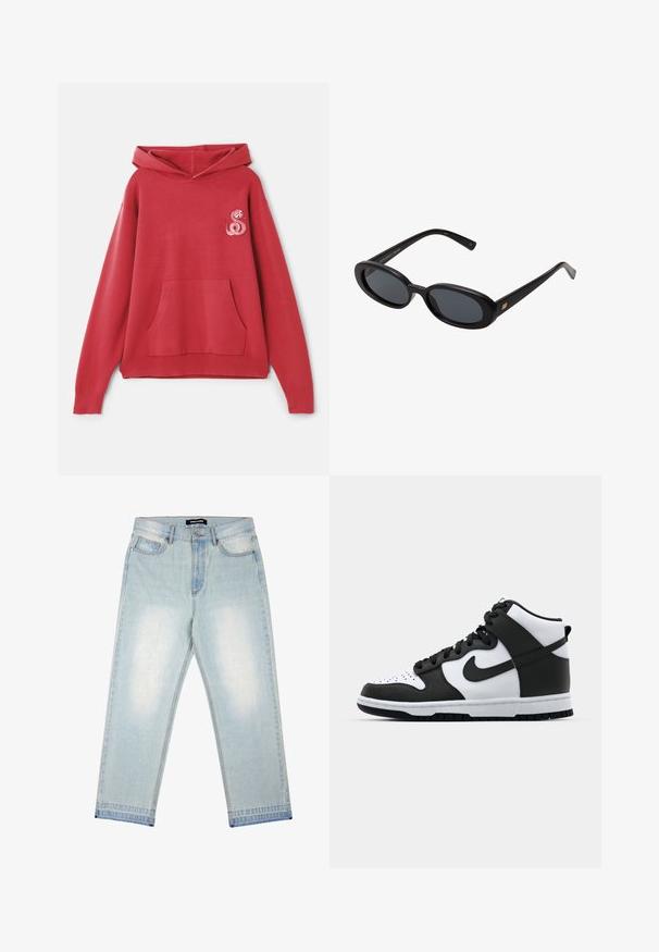 Piros kapucnis pulóver, puha anyagból készült, elülső zsebbel és díszes rózsaszín kígyóhímzéssel a bal mellkas részen.; Pegador BARROW - Bő szabású farmernadrág - sand washed blue; Fekete-fehér magas szárú sneaker bőr felsőrésszel, perforált orr résszel, kiemelkedő pántlogóval és texturált gumitalppal.; Fekete, oversize napszemüveg ovális lencsékkel, sima műanyag kerettel és arany részletekkel a fülpánton. Sötét lencséi védelmet nyújtanak a napfény ellen.