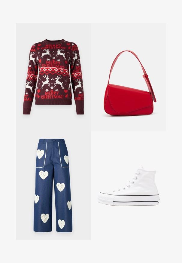 VILA VIANNA REINDEER CHRISTMAS - Pullover - winetasting; Sister Jane HEART TO HEART - Jean droit - blue denim; Baskets montantes en toile blanche avec semelle en caoutchouc noir, capuchon en caoutchouc à l'avant, et six œillets pour les lacets, présentant un design épuré et minimaliste.; Sac à main en cuir rouge avec un design angulaire et géométrique. Il dispose d'une seule sangle ajustable et d'une fermeture à rabat avec un detailing cousu.