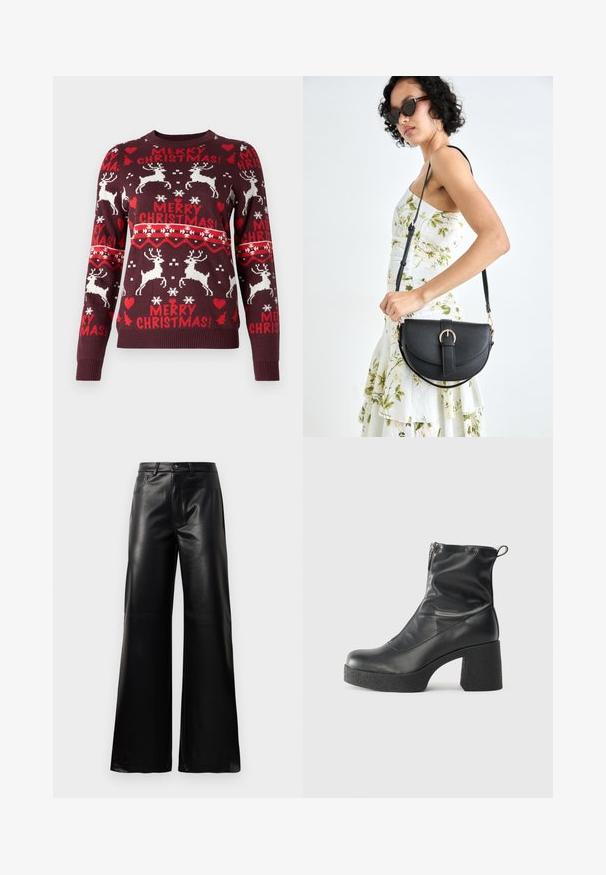 VILA VIANNA REINDEER CHRISTMAS  - Strickpullover - winetasting; Schwarze leichte, weit geschnittene, hochtaillierte Kunstlederhose mit vorderem Knopf, Reißverschluss, Gürtelschlaufen und Seitentaschen auf weißem Hintergrund.; Schwarze Stiefeletten aus glattem Leder mit seitlichem Reißverschluss, klobigem strukturiertem Absatz und runder Zehenform.; Schwarze Lederhandtasche mit geschwungener Form, abnehmbarem Tragegurt und goldenen Beschlägen. Die Tasche verfügt über einen Deckel mit einer Schnallen-Details.
