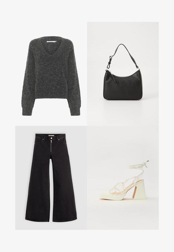 Szürke, bolyhos pulóver V nyakkivágással, eső vállakkal és hosszú ujjakkal. A textúrált anyag mélységet ad, ami meghitt megjelenést kölcsönöz.; Fekete denim széles szárú farmer, cipzáros elejével, öt zsebes kialakítással és diszkrét varrással. Sima textúra és laza stílus.; Fehér, magassarkú szandál vastag sarokkal, pántos dizájnnal és bokapánttal. Sima textúra, elülső platformmal a megnövelt magasság érdekében.; Fekete bőrtáska ívelt formával, egyetlen pánttal, cipzáras záródással és diszkrét logóval az elején. Simább textúra, minimalista dizájn.