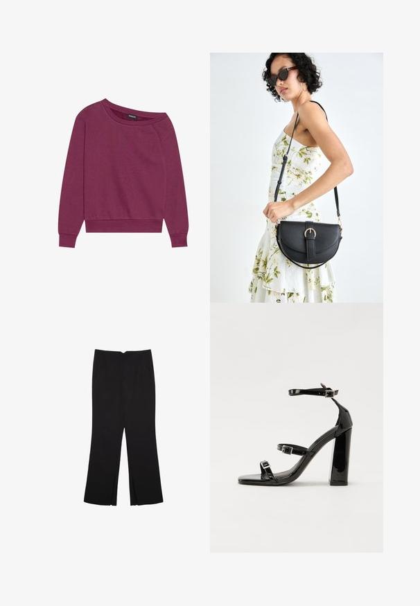 Magenta dolčevita s otvorenim ramenom, dugih rukava, s rebrastim manžetama i donjim dijelom. Izrađena je od mekog materijala, posjeduje ležeran kroj i glatku teksturu.; Crne hlače ravnog kroja, s prednjim džepovima i bočnim prorezima na rubu. Izrađene od mekog i glatkog materijala. Pogodne za razne prigode.; Crne lakirane sandale na visoku petu s dva remena s kopčama, kvadratnim vrhom i masivnom blok petom, s glatkom, sjajnom teksturom.; Crna kožna torba s lukovitim oblikom, odvojivim remenom i zlatnim detaljima. Torba ima preklop s kopčom.