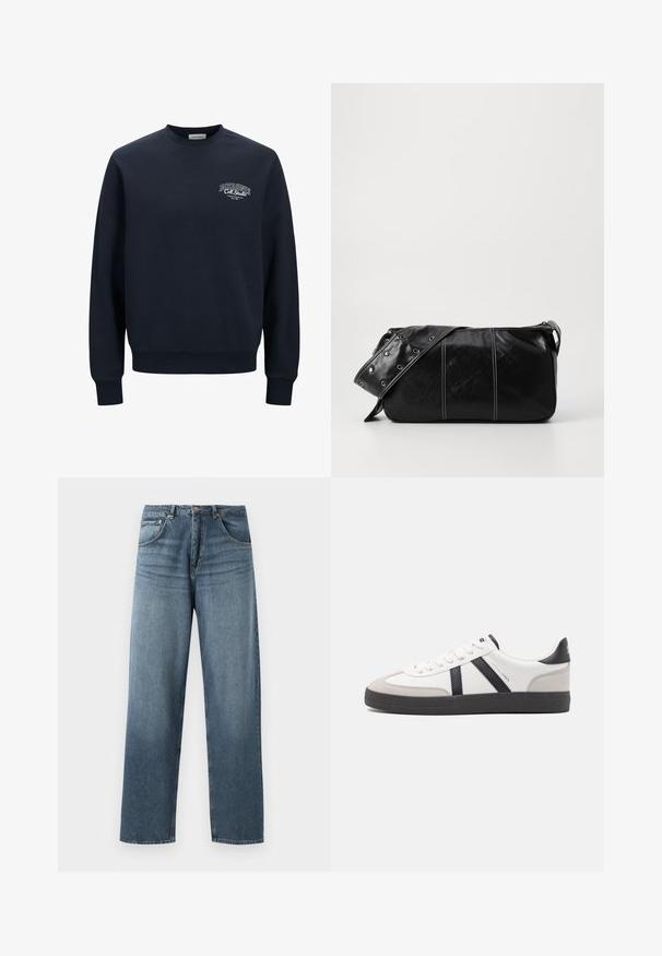 Sudadera azul marino en mezcla de algodón, diseño de cuello redondo. Presenta puños y dobladillo acanalados, con un texto de logo blanco en el lado izquierdo del pecho.; Jeans de mezclilla azul de pierna recta con un lavado desgastado, que cuentan con un diseño de cinco bolsillos, botón de metal y presillas para cinturón. Tejido estructurado y de peso medio.; Zapatilla blanca con acentos en negro y gris, que presenta una puntera texturizada en gris, suela de goma negra y cordones planos blancos. Diseño limpio, estilo minimalista.; Bolso de hombro de cuero negro con cierre de cremallera, que presenta un cuerpo texturizado, costuras blancas y una correa con ojales plateados.